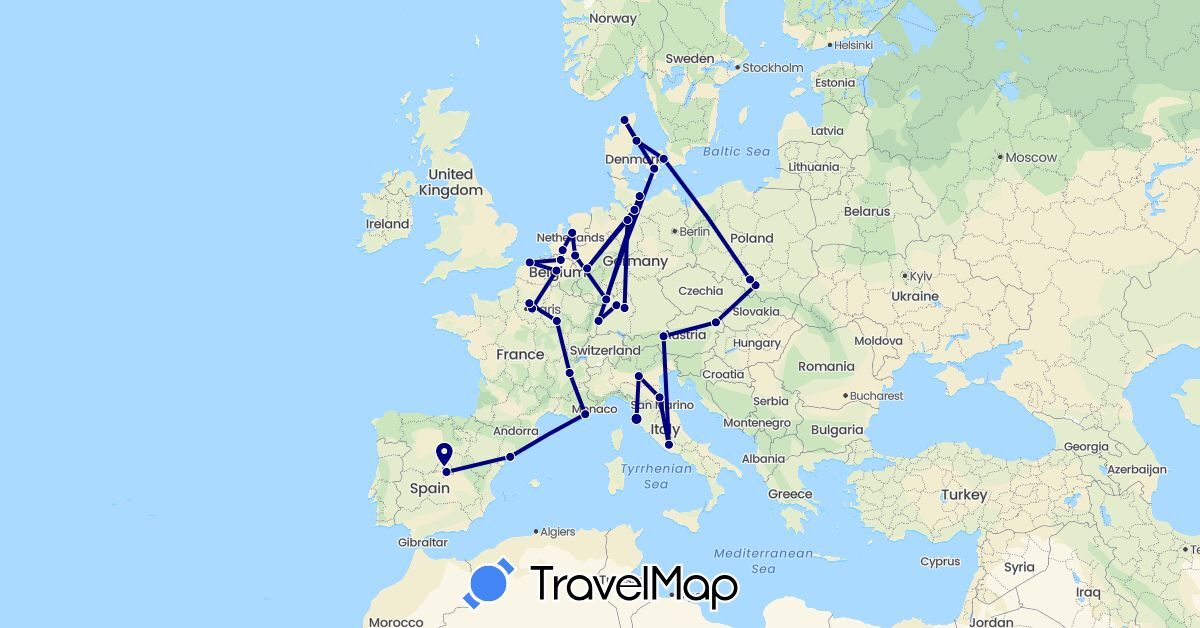 TravelMap itinerary: driving in Austria, Belgium, Germany, Denmark, Spain, France, Italy, Netherlands, Poland (Europe)